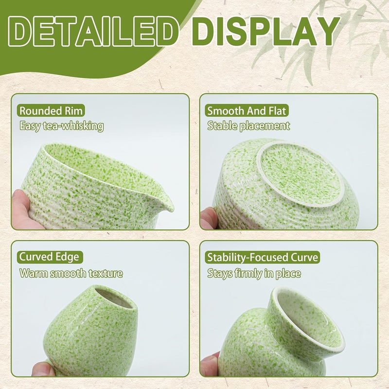 BEWOS 8 Pcs Matcha Whisk Set - 18OZ Ceramic Bowl with Spout, Matcha Sifter, Matcha Whisk Holder & Bamboo Matcha Whisk | Matcha Scoop, Complete Japanese Tea Ceremony Kit for Matcha Lover(Mottled Green) - Image 3